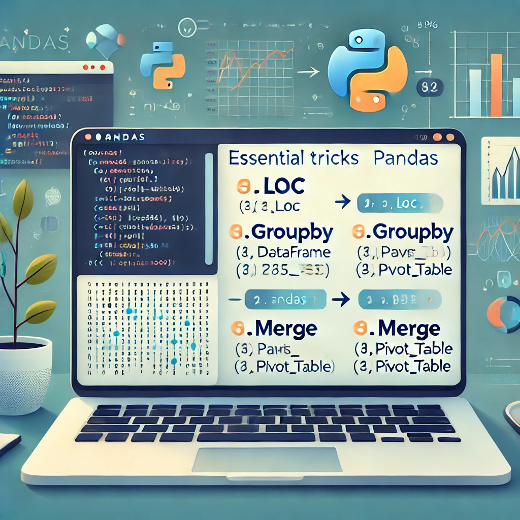 Illustration displaying essential Pandas tricks in Python, highlighting functions like .loc, .groupby, .merge, and .pivot_table for data manipulation and analysis.