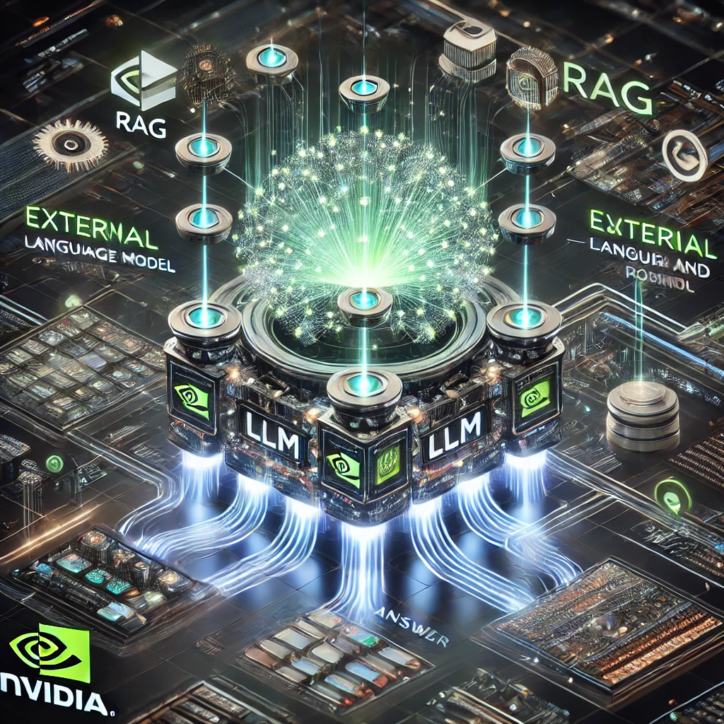 A futuristic visualization of NVIDIA's RAG-based question-and-answer LLM workflow, with a central large language model (LLM) surrounded by glowing neural network pathways. Arrows connect external data sources, like databases and APIs, to the LLM, symbolizing real-time data retrieval. The image features green and black tones, highlighting NVIDIA's branding, with a high-tech, interconnected design showcasing GPUs optimizing parallel processing.