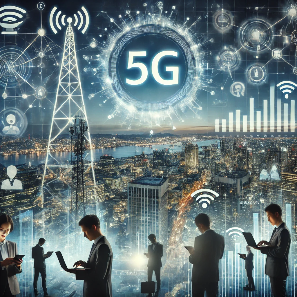 Futuristic cityscape with 5G technology symbols, professionals using devices for communication, and holographic business charts representing new business opportunities enabled by 5G communication.