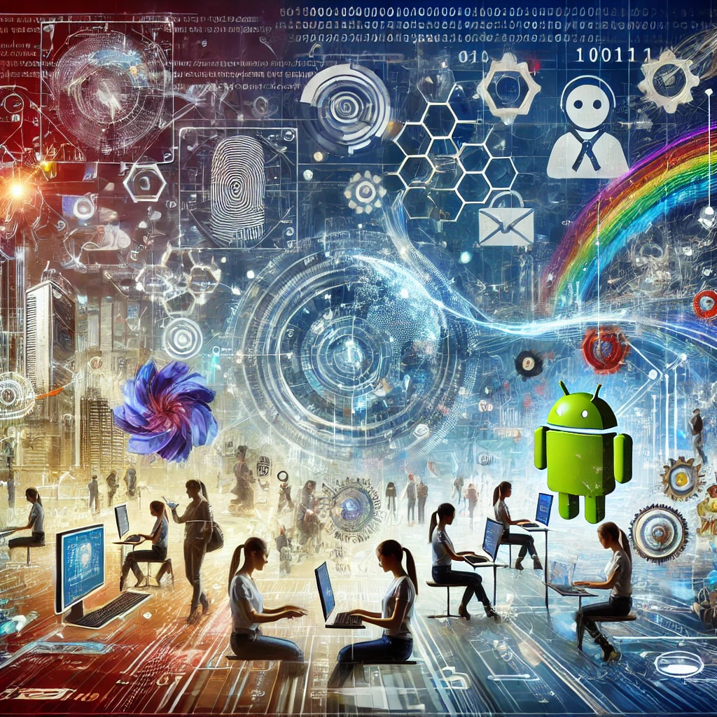 Futuristic digital landscape showcasing innovative computer applications, featuring people interacting with advanced technologies, artificial intelligence, and virtual reality.