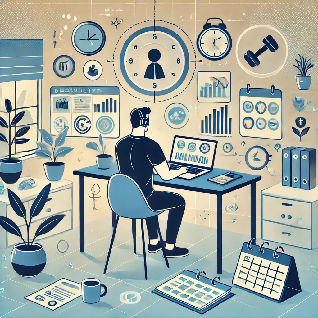 Illustration of a professional working remotely at home, surrounded by symbols of productivity and well-being like a coffee cup, plant, calendar, and fitness icons. Cozy home office setting with futuristic virtual screens, representing the future of remote work.
