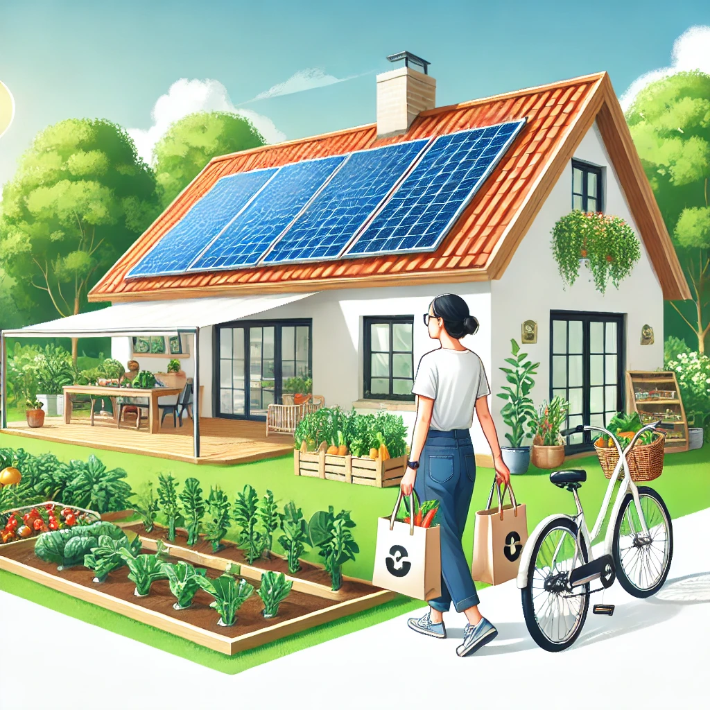 Eco-friendly household with solar panels, vegetable garden, reusable shopping bags, and a bicycle, symbolizing sustainable living and green lifestyle.