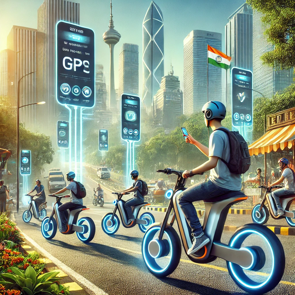 Future of biking in India with electric two-wheelers featuring smart connectivity, GPS, and digital displays; young riders on an Indian urban road, showcasing latest technology trends in two-wheelers.