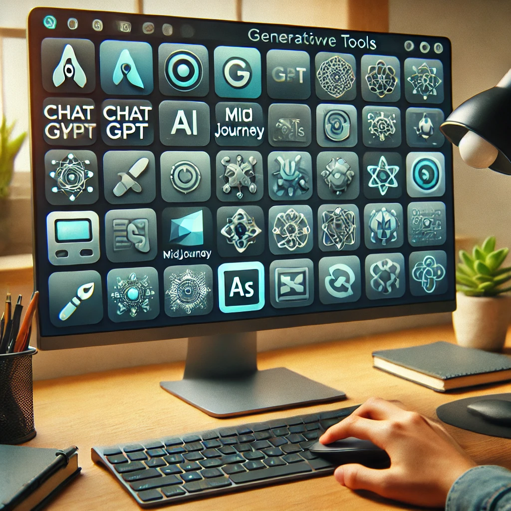 A beginner-friendly workspace showcasing a computer screen with popular generative AI tools like ChatGPT, Midjourney, and Adobe Firefly icons displayed, emphasizing a creative and welcoming environment for learning generative AI.