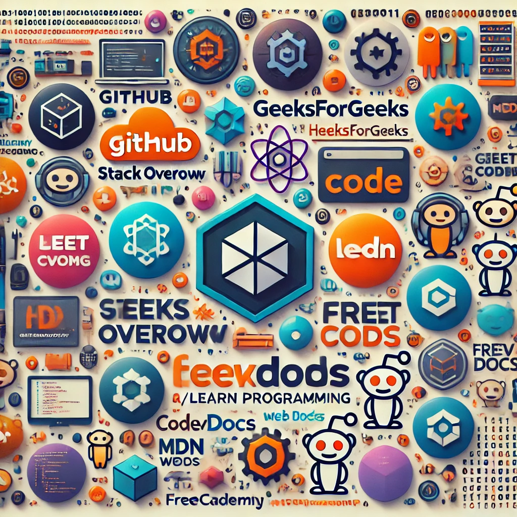 Collage of must-know websites for programmers, featuring GitHub, Stack Overflow, GeeksforGeeks, HackerRank, LeetCode, Codecademy, DevDocs, FreeCodeCamp, MDN Web Docs, and Reddit r/learnprogramming icons.