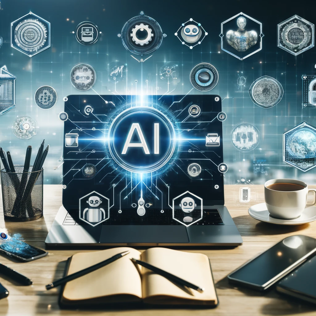 AI tools to earn money displayed on a laptop in a high-tech digital workspace with icons representing content creation, chatbot development, and data analysis tools.