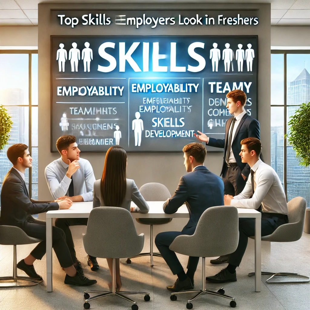 Group of fresh graduates in a modern office discussing top skills employers look for in freshers.